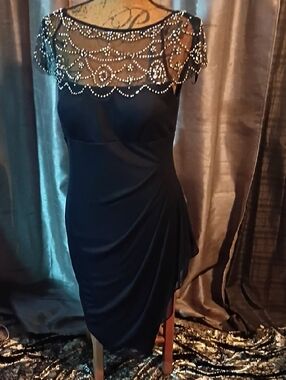 Black Beaded Midi Dress with Illusion Yoke